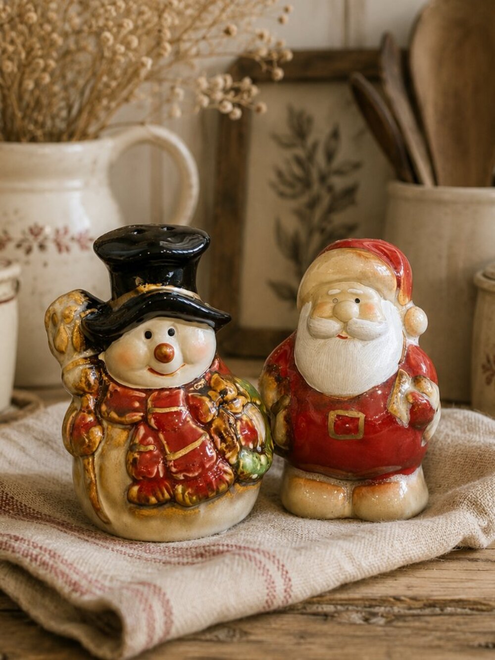 Vintage Santa Claus and Snowman Ceramic Salt & Pepper Shaker Set